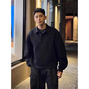 黑色POLO衫卫衣男款春秋美式重磅翻领长袖T恤成熟稳重内搭打底衫