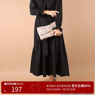 RANDA/兰达V领喇叭袖橄榄绿系带长裙优雅大摆连衣裙 BB01243