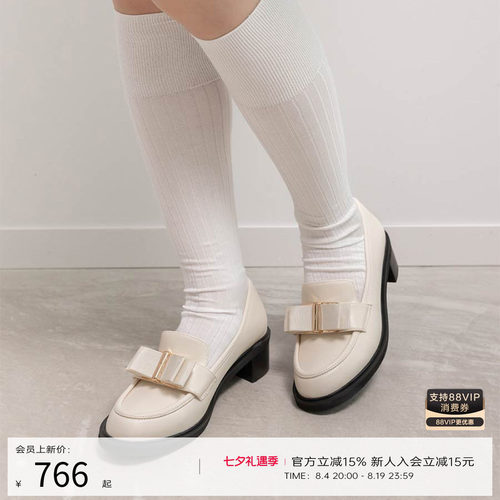 RANDA 25秋季新款蝶结饰件增高粗跟圆头优雅乐福鞋 PH36163
