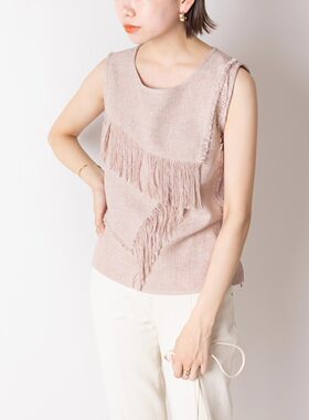 RANDA 女士流苏宽松圆领设计无袖内搭上衣日系特色T恤 BT01606