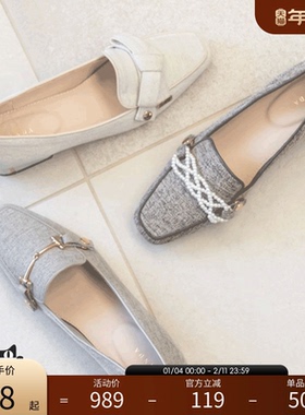 RANDA 24春季新款优雅扣带珍珠乐福鞋女 3穿可替换饰带 PH31226