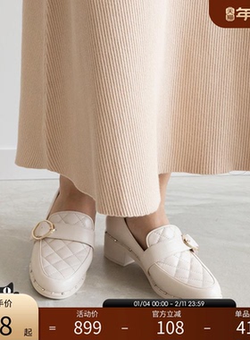 RANDA 秋冬新款时尚感不规则饰扣粗跟圆头乐福鞋女PH32265