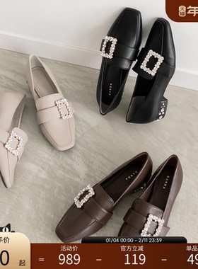 RANDA 秋冬新款方钻点缀平跟方头乐福鞋女 PH32068
