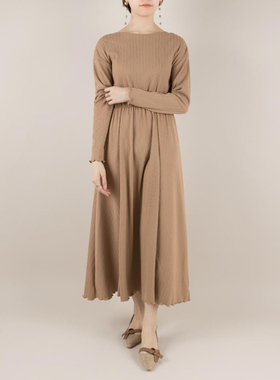 RANDA 女士日系压褶气质圆领针织条纹连衣裙长裙 BD01543