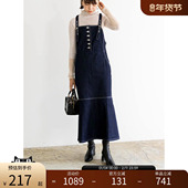 日系长裙黑色米色牛仔蓝背带裙女 RANDA 春夏新款 BD01728