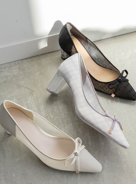 RANDA 24春季新款优雅半透明后跟沙丁布蝴蝶结透肤单鞋 PP33062