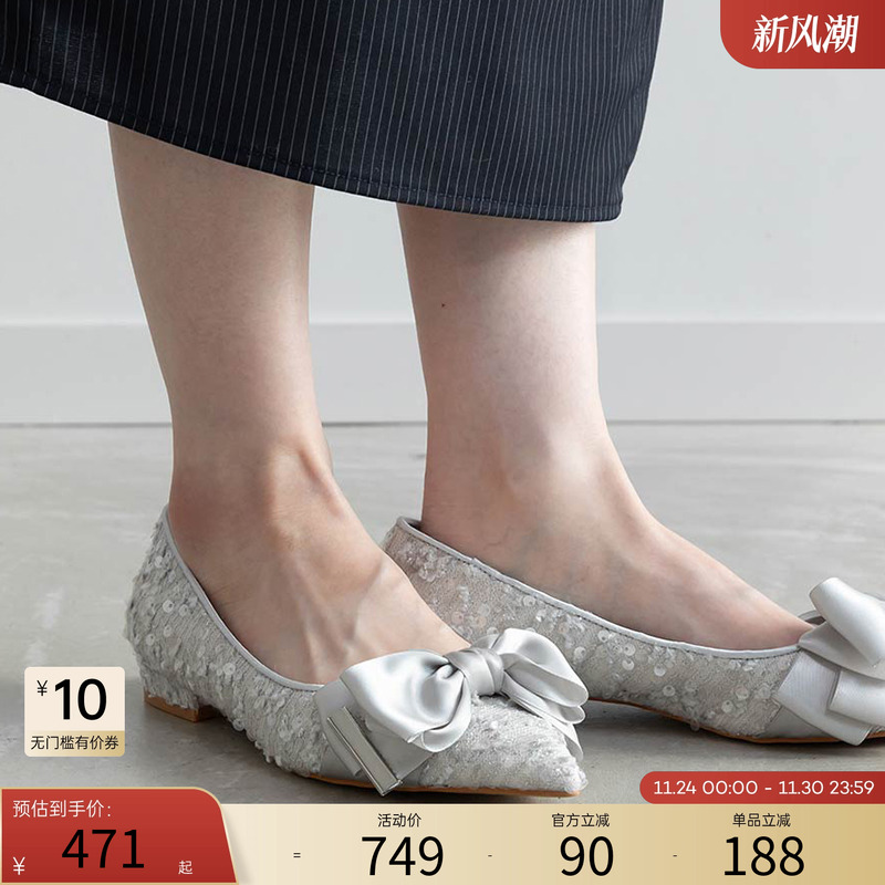 RANDA春季新款缎面蝴蝶结单鞋