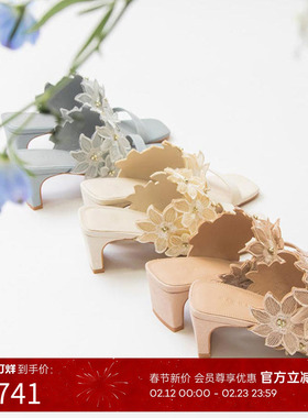 RANDA 23新款仙女细带绑带刺绣花瓣穆勒中高跟凉鞋 DS12008