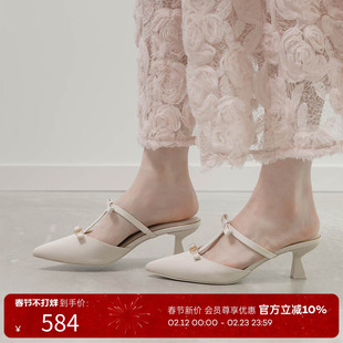 RANDA 26春季新款蝴蝶结水钻T字带优雅尖头高跟穆勒鞋女 PD37049