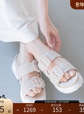 RANDA 25春夏新款独特精致宝石扣蕾丝薄纱魔术贴女凉鞋 DR33226