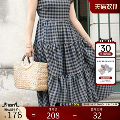 RANDA 格子荷叶边连衣裙女复古甜美风中长款气质裙装 BB01003