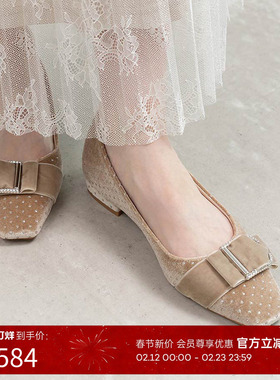 RANDA 25秋季新款水钻扣饰天鹅绒波点优雅方头单鞋 PP36165