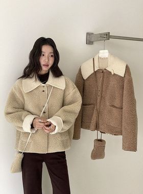 【焦糖太妃糖】兴北 复古可拆卸针织领仿羊羔毛外套冬季上衣N842C