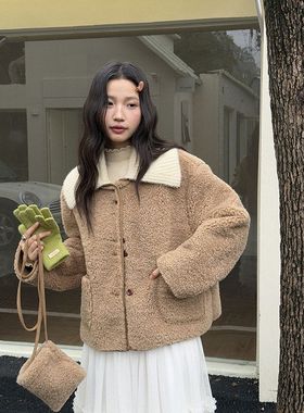 【兴北】 法式复古可拆卸针织领仿羊羔毛外套女冬季毛毛上衣N842C