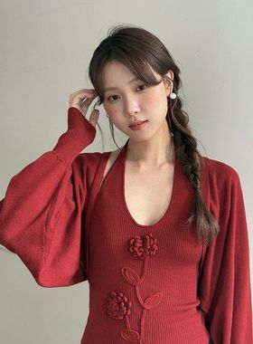 【冬雪花镜】兴北立体花朵挂脖背心+冬季毛针织开衫两件套装N748C