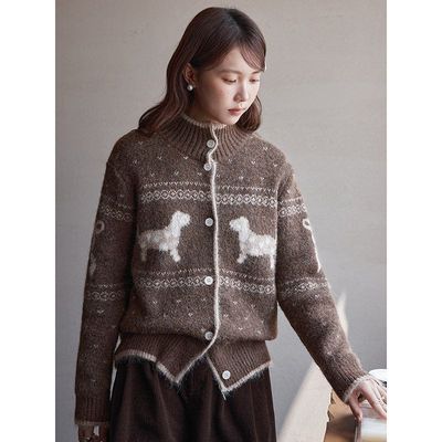 【狗狗的悠长假期】兴北 复古立领提花毛针织开衫女秋季毛衣N708C