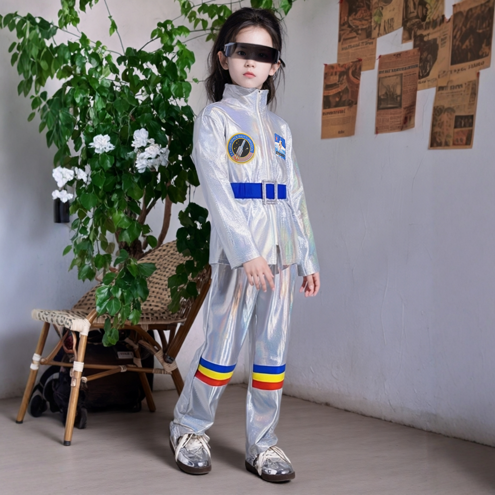 儿童演出服科技感女童银色亮面机器人未来宇航员太空服运动会表演