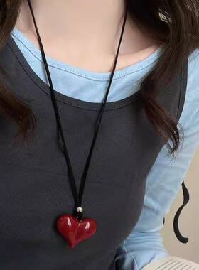 蝴蝶结爱心安克拉红项链女极简小众百搭卫衣链新款皮绳毛衣链