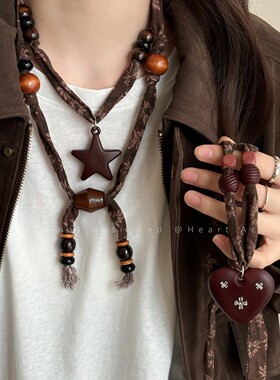 复古花朵布艺串珠项链女小众独特设计感挂脖毛衣链可调节气质配饰