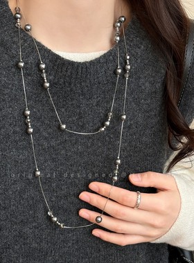 双层灰色珍珠叠戴项链女秋冬高级感长款毛衣链时尚轻奢气质配饰品