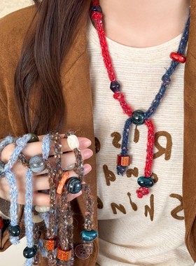 撞色针织毛线抽拉项链女2025新款复古秋冬毛衣链小众独特设计配饰