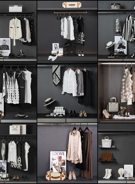 【女士衣帽间组合】样板房包衬衫长裙黑白咖橙色收纳盒帽子装饰画