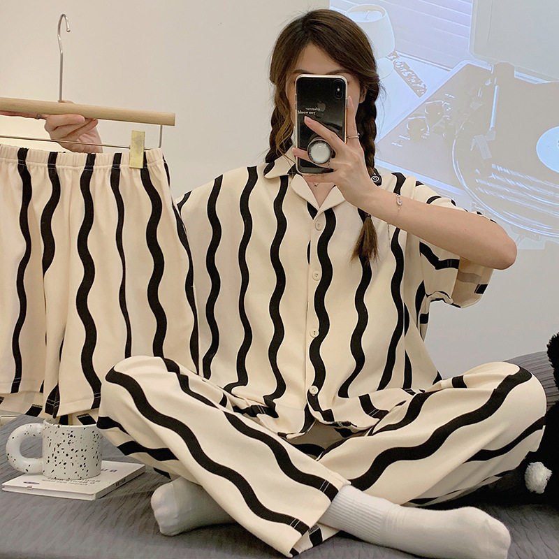 阪织屋官方旗舰店夏季女士短袖短裤睡衣开衫长裤棉质家居服夏天宽