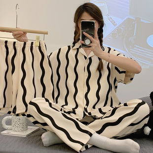 阪织屋官方旗舰店夏季女士短袖短裤睡衣开衫长裤棉质家居服夏天宽