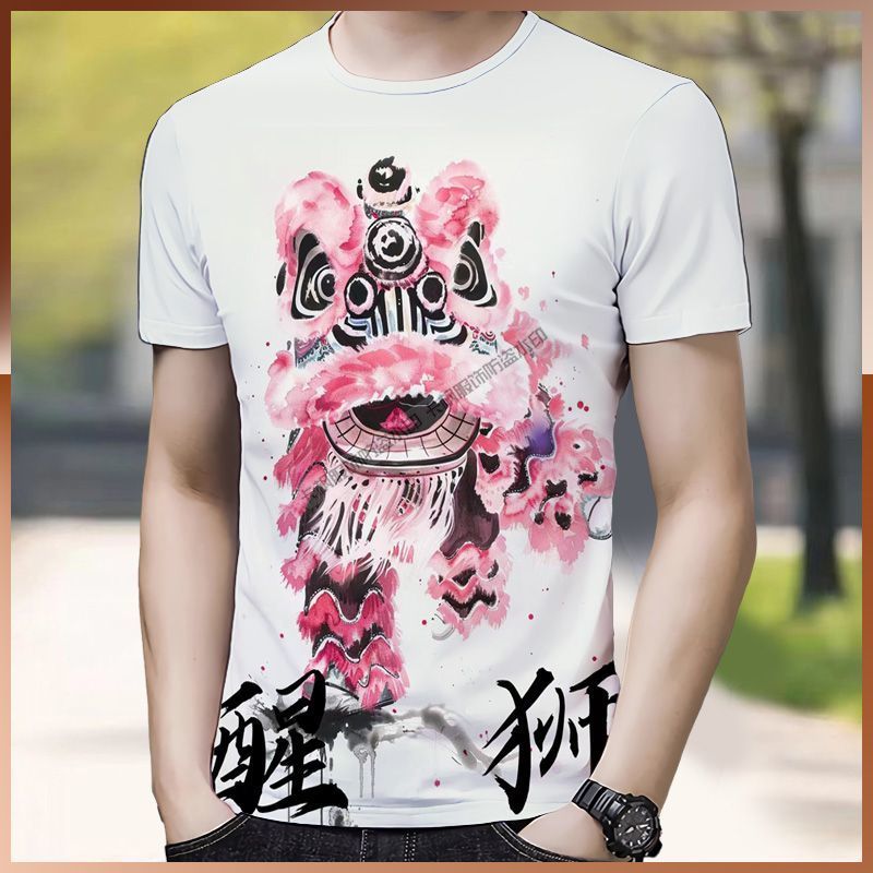 egly醒狮中国夏季新品网红3D印花圆领短袖T恤休闲小众上衣情侣款