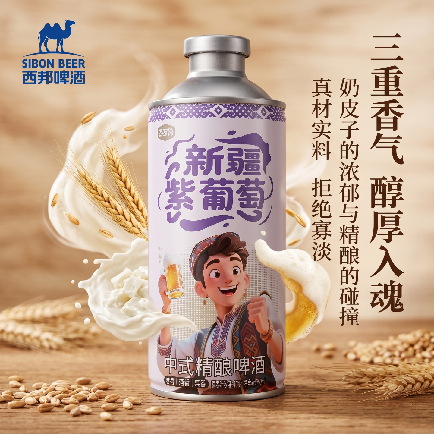 新疆西邦紫葡萄红石榴奶皮子哈密瓜4种果味中式精酿啤酒750ml*4罐