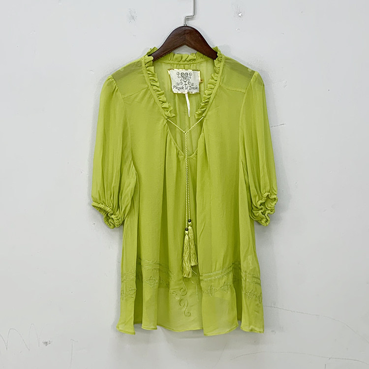 外贸单 夏天的颜色 真丝乔其纱刺绣短袖流苏系带上衣 桑蚕丝罩衫