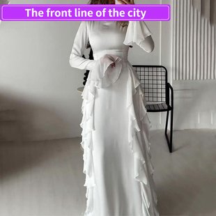 Fashion Strap Split 圆领时 for Women现货花边喇叭袖 Dress Sexy