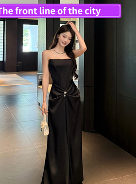 Sexy slim lace party mini dress高级缎面黑色抹胸礼服裙女秋季