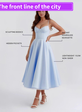 Strap slimming party slit sexy long dress夏季欧美蓝色高端重