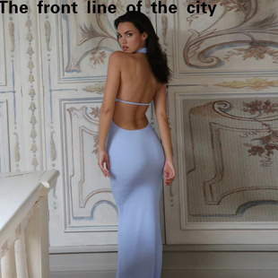 sexy hip hugging Lace 纯色无袖 fit dress新款 挂脖大露背紧 slim