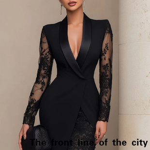 Deep V-silk soft satin waist cinching sexy dress西装裙连衣裙