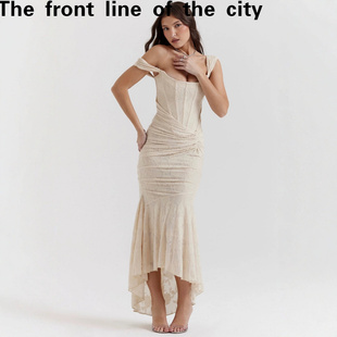 sexy hip hugging Lace 无袖 fit dress欧美亚马逊新款 一字肩 slim