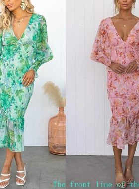 Printed slim fit cotton linen sexy bubble dress秋装松紧腰长