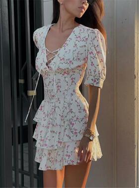 Sexy Perspective Long Sleeve Shirt Lace Long DressV领系带荷