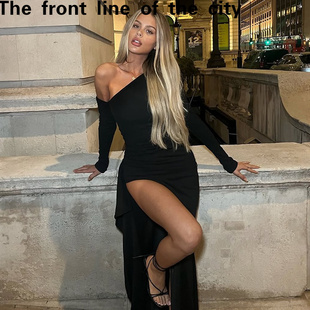 sexy fit hip hugging 斜领露肩收腰褶皱不规 Lace dress秋季 slim