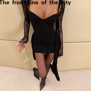 slim hugging fit hip dress欧美ins风低胸蕾丝透视披 sexy Lace