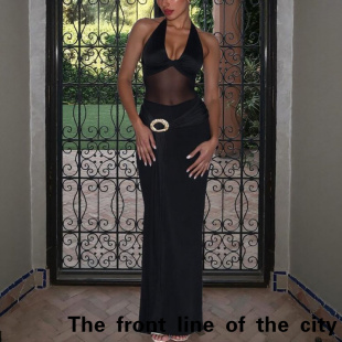 Deep V-silk soft satin waist cinching sexy dress脖绑带连衣裙