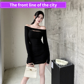 slim dress一字肩长袖 lace Sexy party mini 连衣裙女秋季 辣妹镂