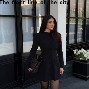 sexy hip hugging Lace 纯色时尚 fit dress秋季 简约单排扣收 slim
