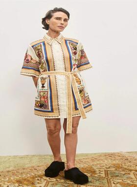 Printed V-neck Bubble Women's Chiffon Dress亚马逊休闲亚麻印