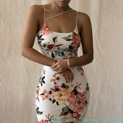 Floral sexy casual bubble dress吊带修身包臀印花一字领休闲美