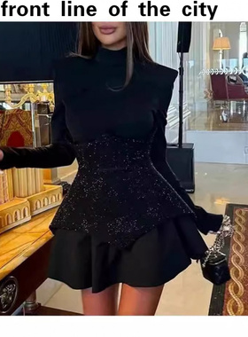 Lace slim fit sexy hip hugging dress年新款时尚拼接亮片长袖圆