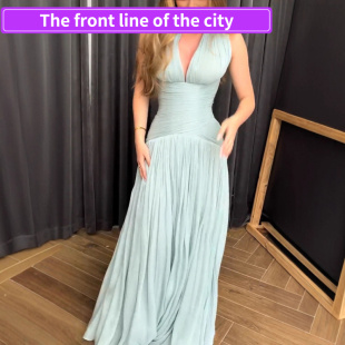 for Sexy WomenV领纯色收腰百褶连衣 Dress Fashion Split Strap