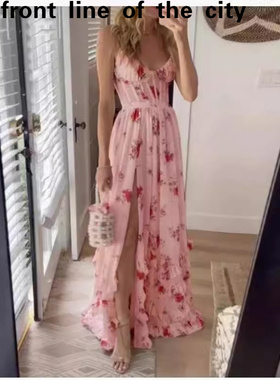 Lace slim fit sexy hip hugging dress欧美新款裹胸印花连衣裙海