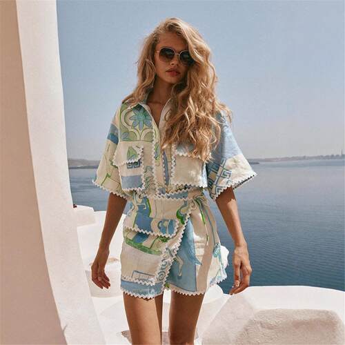 Flower button slim Linen printed casual V-neck dress时尚百搭
